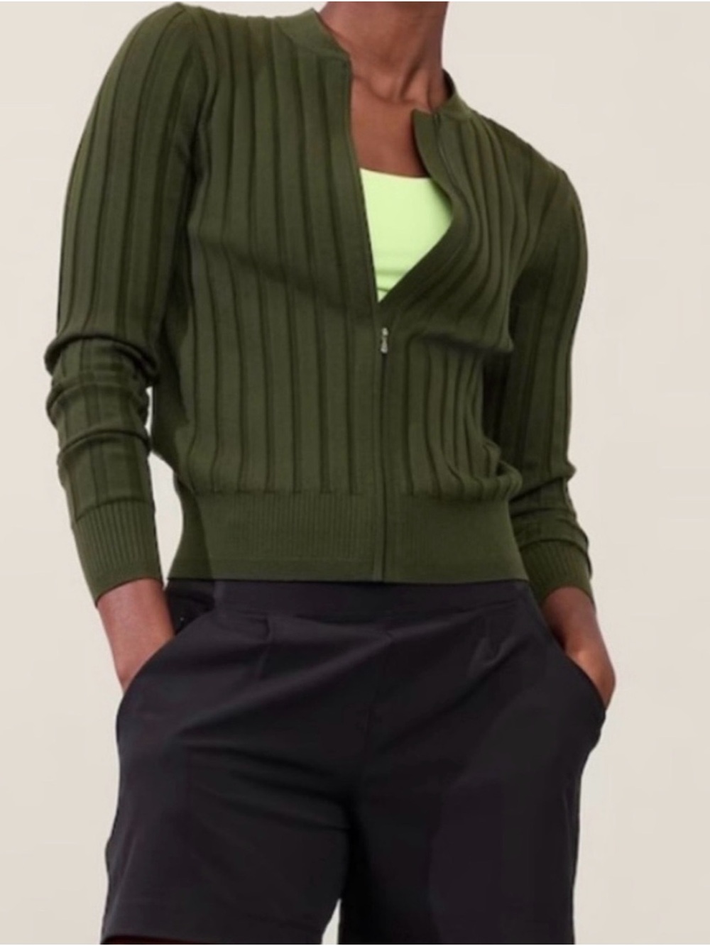 Athleta Olive Green Ribbed Zip-Front Cardigan Sweater